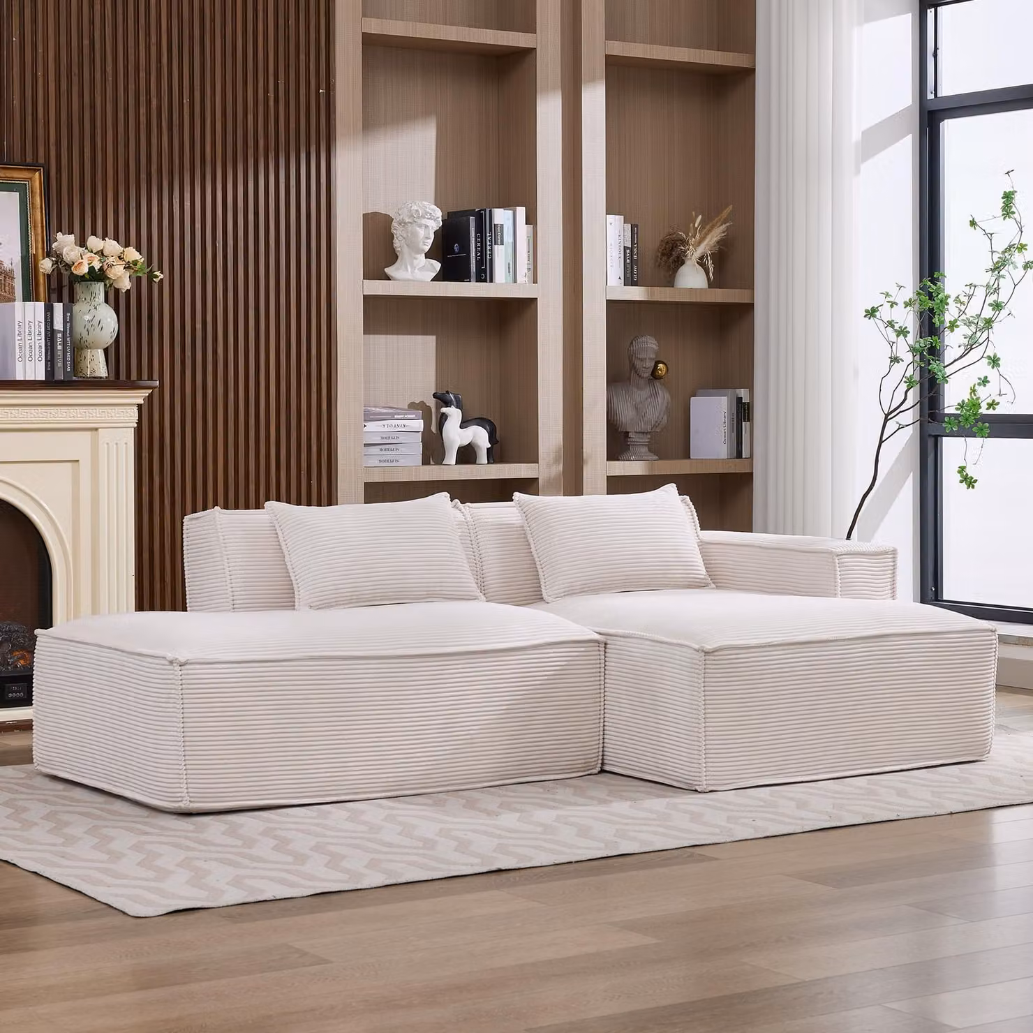 Divano componibile LVHOM in tessuto corduroy, 233 cm, divano lounge a terra a 2 posti con chaise longue, divano di facile manutenzione per il soggiorno, da montare, beige
