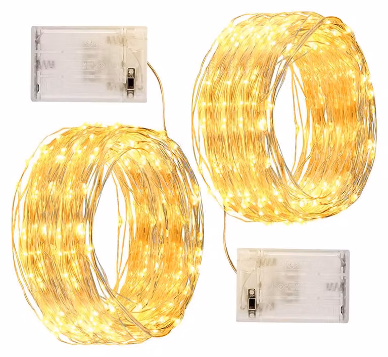 Catena luminosa a LED, 24 metri, 240 luci bianche calde, confezione da 2, alimentata a batteria