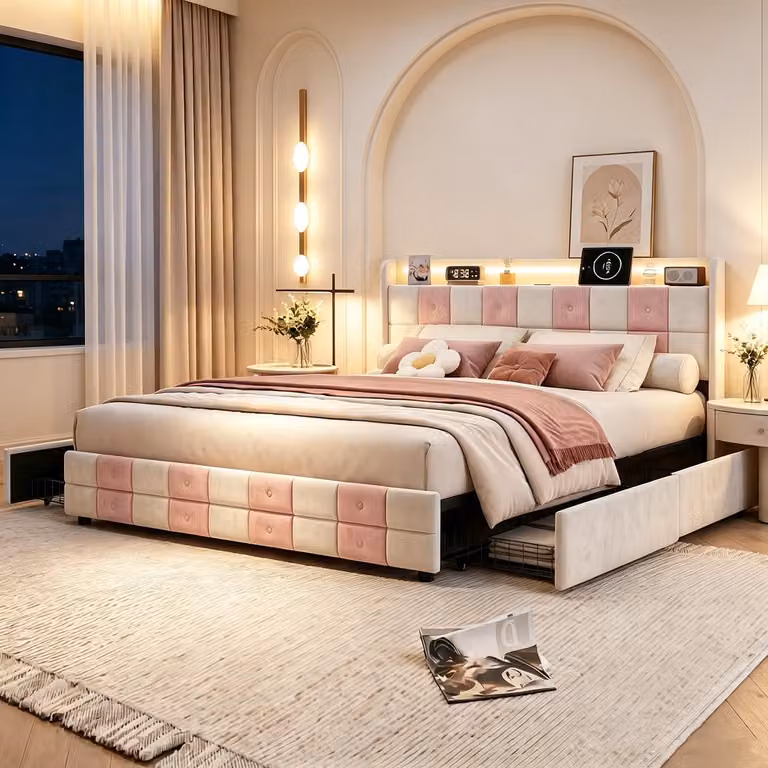 Letto imbottito INONEFT 140x200 con spazio contenitore, letto a molle con USB e LED, 4 cassetti, letto multifunzionale con testiera, in velluto (bianco con dettagli rosa).