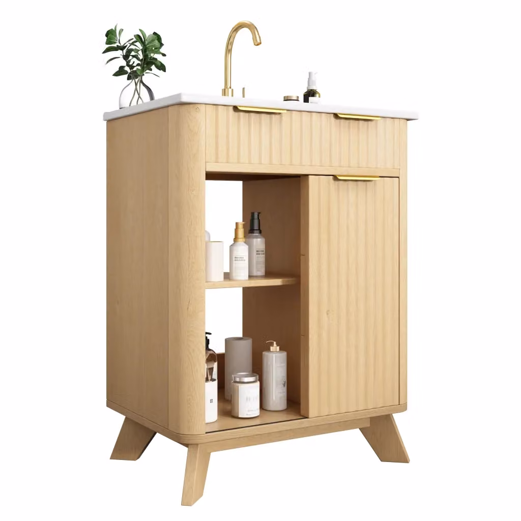 Mobile da bagno freestanding Minimal in tono legno naturale con anta a rullo e ripiani interni, L: 61 cm, H: 90 cm, P: 47 cm – 2