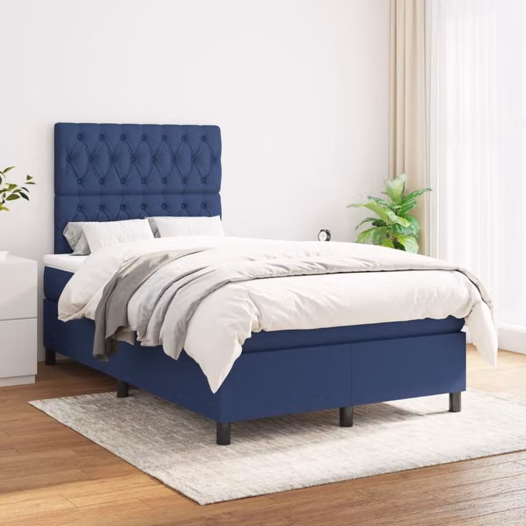 The Living Store Letto a molle con materasso Blu 120x200 cm in tessuto