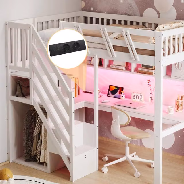 Letto a soppalco 90x200 cm con scrivania; scala contenitore; LED e prese USB; in legno bianco