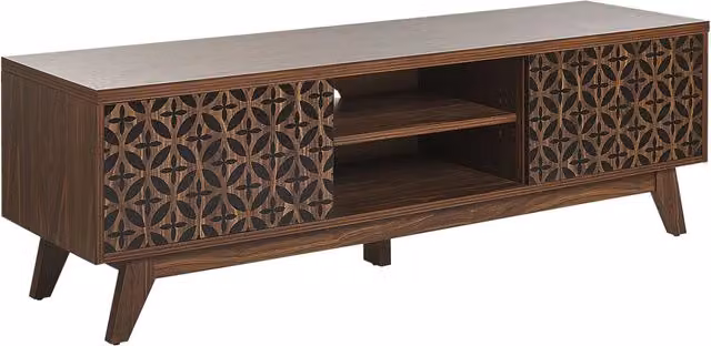 Mobile TV BELIANI in MDF marrone con design geometrico e porta passacavi per soggiorno L: 140 cm, P: 40 cm, H: 45 cm – 1