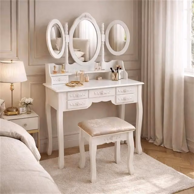 Consolle Trucco Ma Maison Bianca in Legno con 3 Specchi e Sgabello per Camera da Letto L/P/H: 90 x 40 x 146 cm