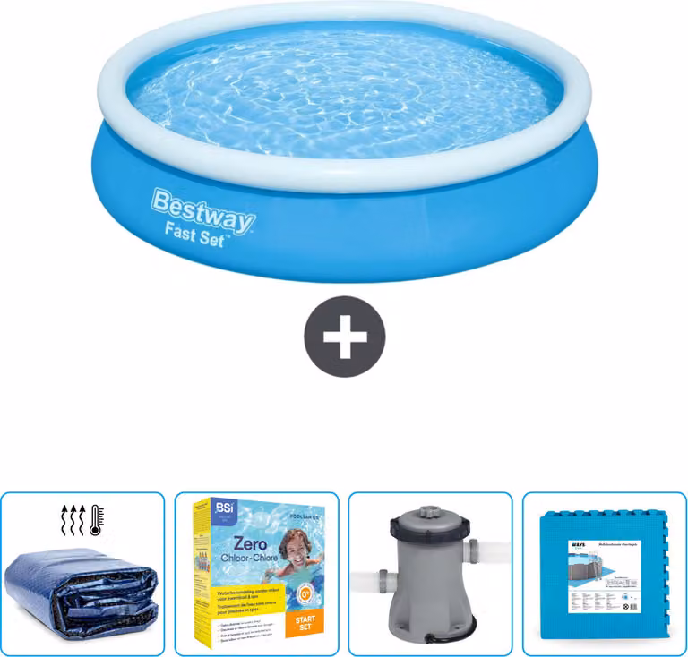 Piscina gonfiabile rotonda Bestway ad ambientazione rapida - 366 x 76 cm - blu - include tenda da sole - pacchetto manutenzione - pompa - pavimento in piastrelle