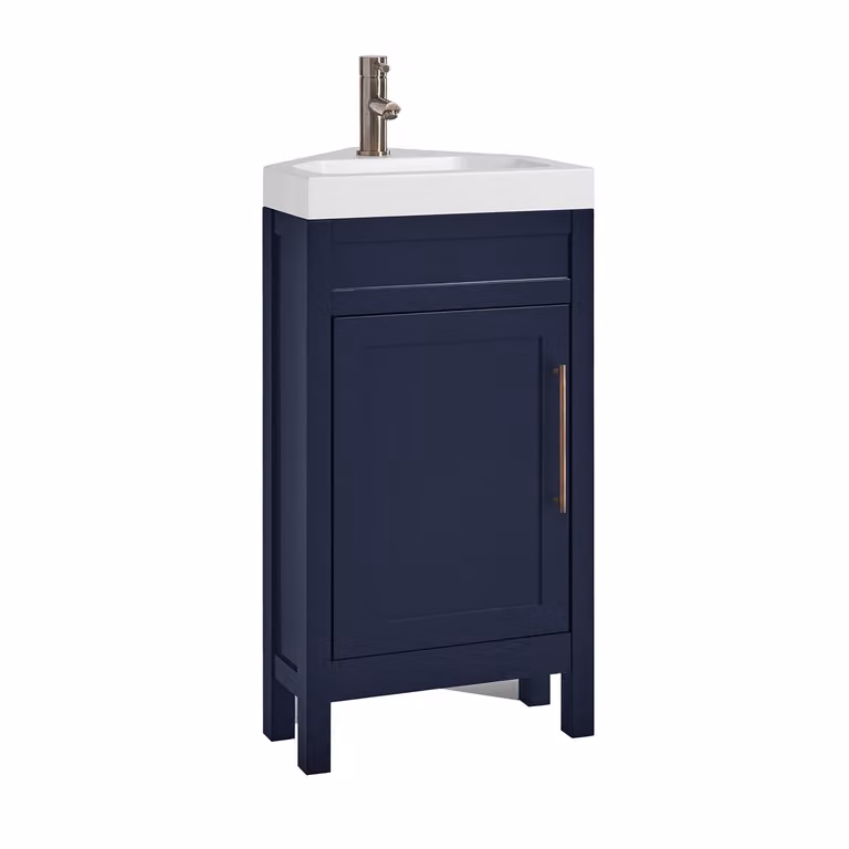 Mobile Bagno Angolare Blu Marino da 450mm con Lavabo e Maniglia Moderna con Barra a T in Bronzo Spazzolato - Warwick