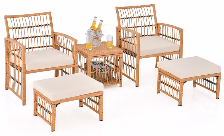 Set di mobili da giardino COSTWAY in rattan sintetico, set di mobili da balcone comprensivo di 2 sedie con cuscini, poggiapiedi e tavolo, mobili da terrazzo, set da giardino, gruppo sedute, colore beige