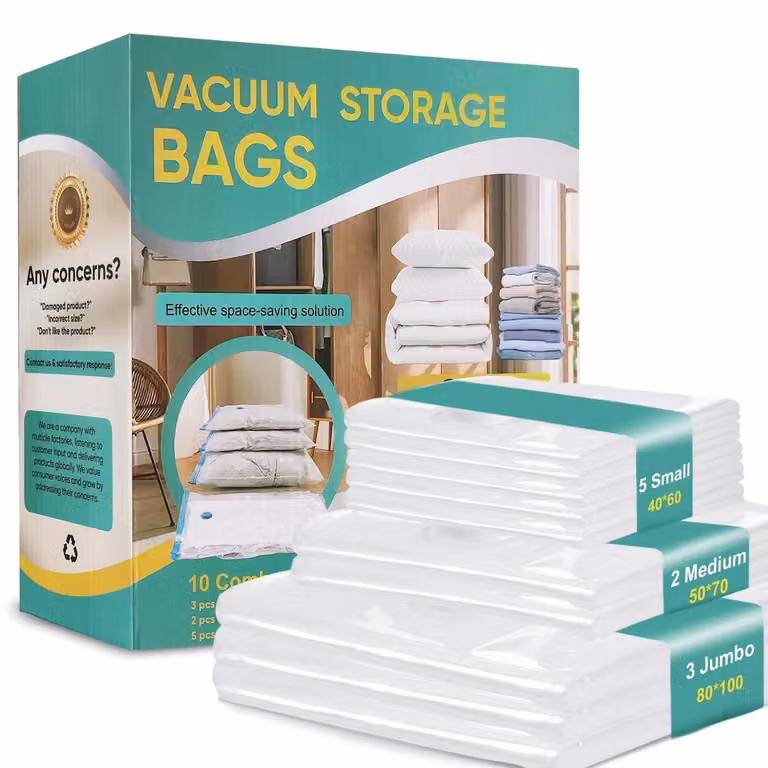 10 sacchetti sottovuoto per abbigliamento e piumoni, taglie S/M/XL, dimensioni: 5x40x60 cm, 2x50x70 cm, 3x80x100 cm, riutilizzabili, salvaspazio