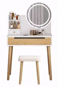 Comodino da trucco con specchio e cassetti, da utilizzare come scrivania per il trucco, colore bianco, realizzato in materiale composito di legno (MDF/pannello truciolare), rivestito in ecoFinto cuoio, facile da pulire