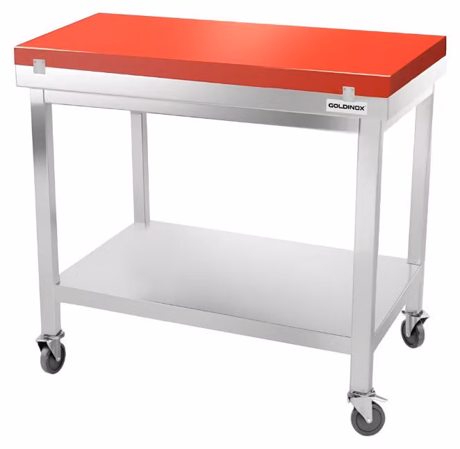 Tavolo da lavoro in acciaio inossidabile, dimensioni 1200x700 mm, con piano di taglio rosso su ruote, modello PREMIUM - GOLDINOX