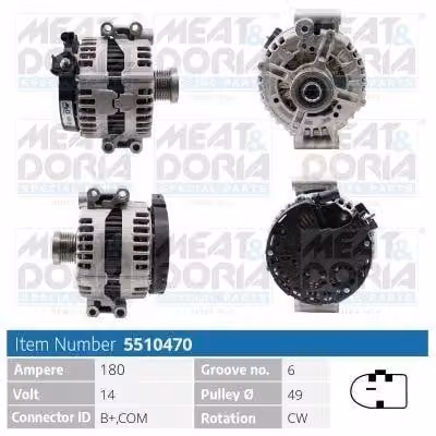 MEAT & DORIA 5510470 Alternatore LiMa 180 A 14 V per BMW Serie 3 Station Wagon (E91), Serie 3 Berlina (E90), Serie 1 Hatchback (E87), Serie 5 Berlina (E60), Serie 5 Station Wagon e X3