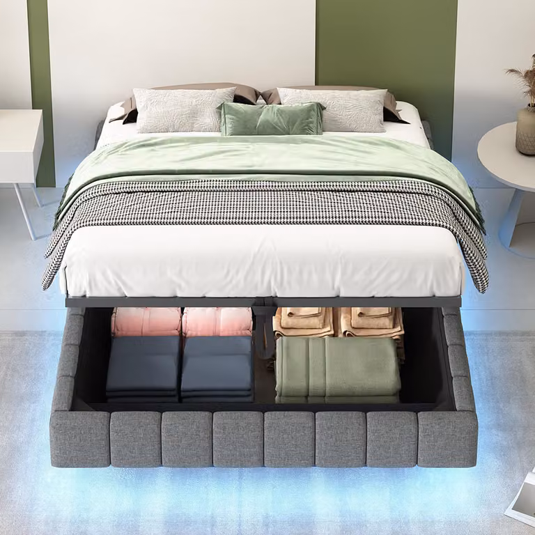 Letto imbottito Sweiko 140x200 cm, giroletto flottante idraulico con contenitore, senza testata, grigio
