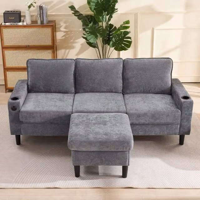 Divano Letto Angolare 3 Posti ¨C Minimal ¨C Grigio in Tessuto con Portabibite e Porte USB