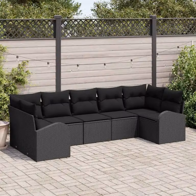 Set Divano da Giardino 7 Posti vidaXL a Forma di L con Cuscini, Colore Nero e Grigio, Struttura in Metallo e Polyrattan Resistente alle Intemperie