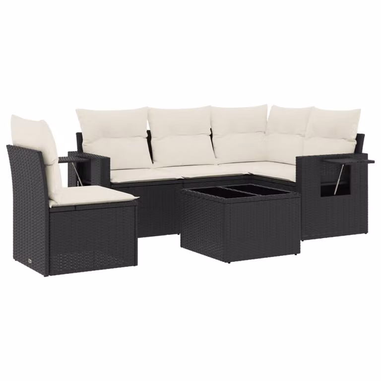 Set Divano da Giardino 6 pz con Cuscini Nero in Polyrattan