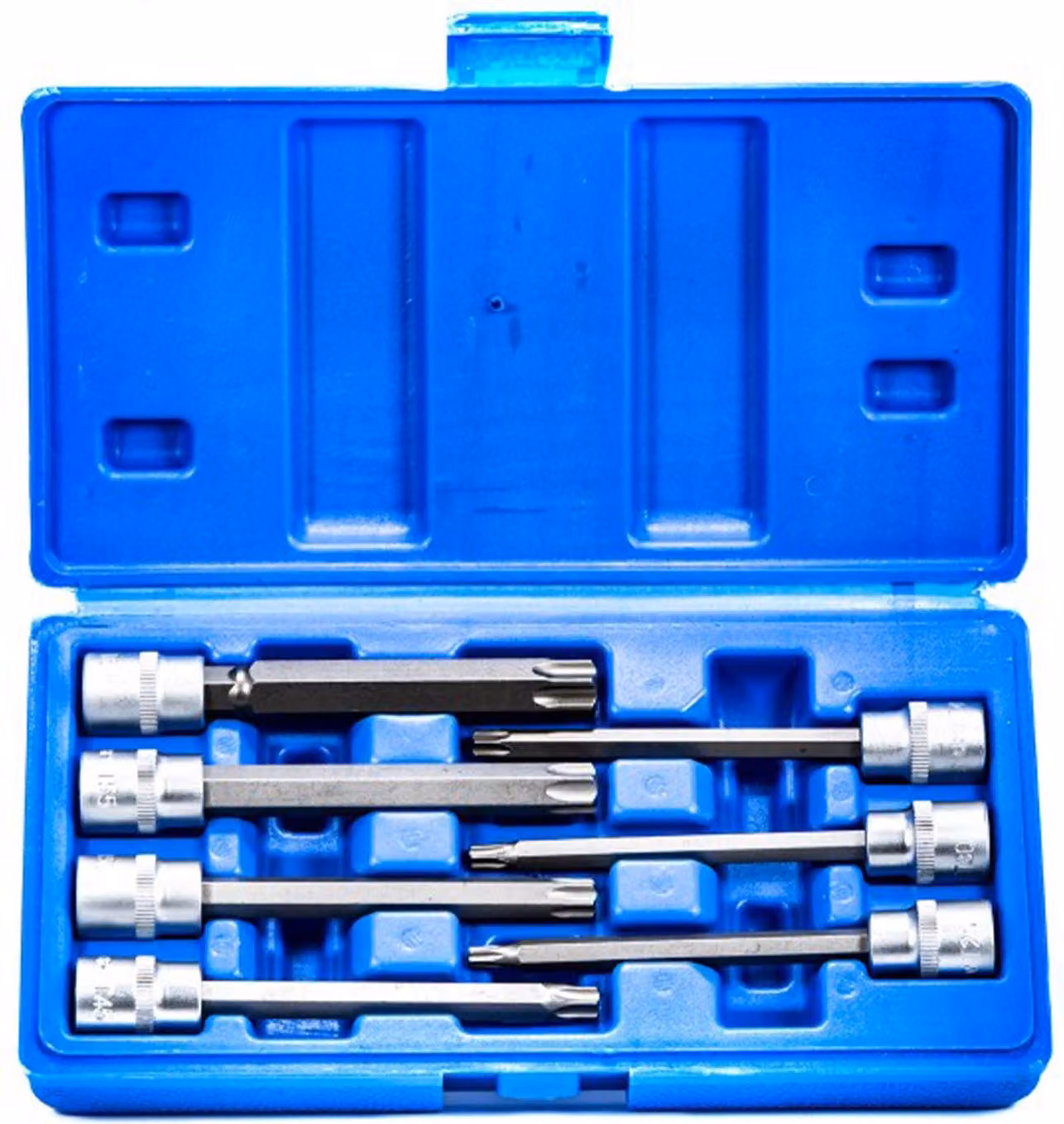 Set-kit di chiavi a bussola Torx extra lunghe 3/8", da T25 a T60, 110 mm, in acciaio CR-V, 7 pezzi con valigetta blu professionale