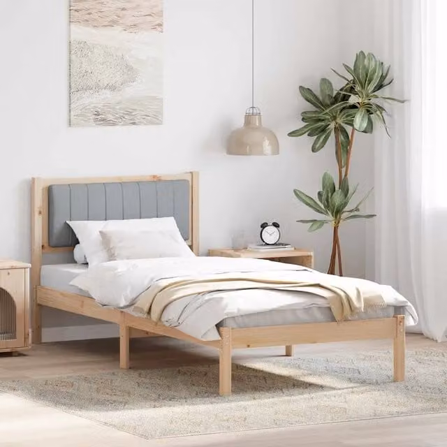 Letto con Testiera Rivestita vidaXL in Legno di Pino e Tessuto Grigio, L/P/H: 90 x 190 cm – 1
