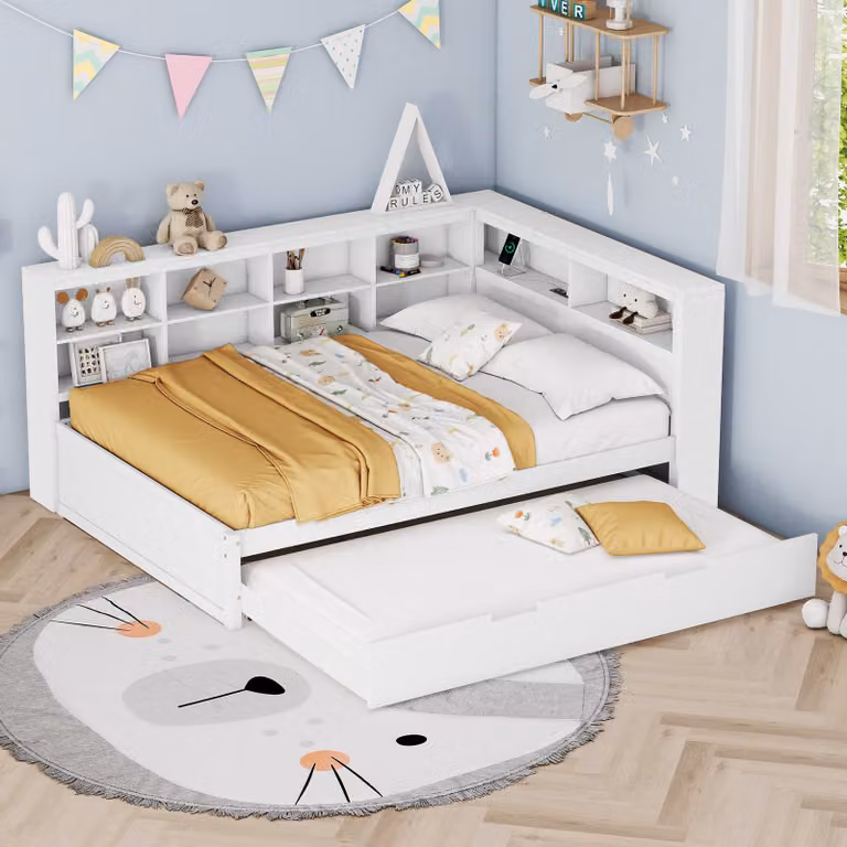 Divano letto MODFU 140x200 cm con letto estraibile 90x190 cm e rete a doghe, letto in legno, divano letto, lettino per bambini, letto per ragazzi con presa USB e diversi vani portaoggetti, bianco (senza materasso)