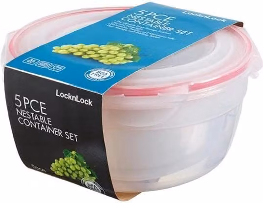 Set di 5 contenitori alimentari LocknLock multicolore e trasparenti, ermetici e impermeabili, senza BPA, ideali per congelatore, lavastoviglie e microonde, volumi: 250 ml, 480 ml, 850 ml, 1,4 l, 2,1 l