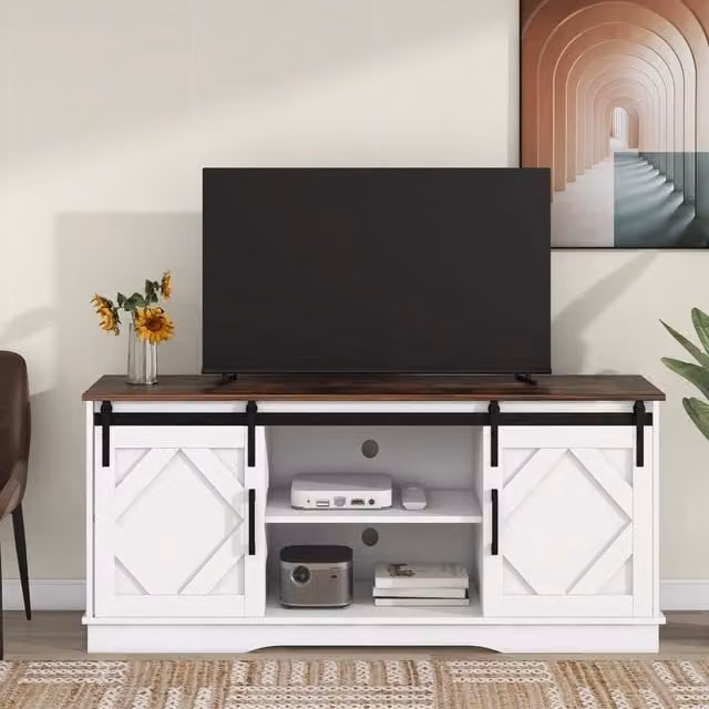 Mobile TV moderno WISHDOR con ante scorrevoli e ripiani regolabili, colore bianco e marrone, L 150 x P 40 x H 60 cm