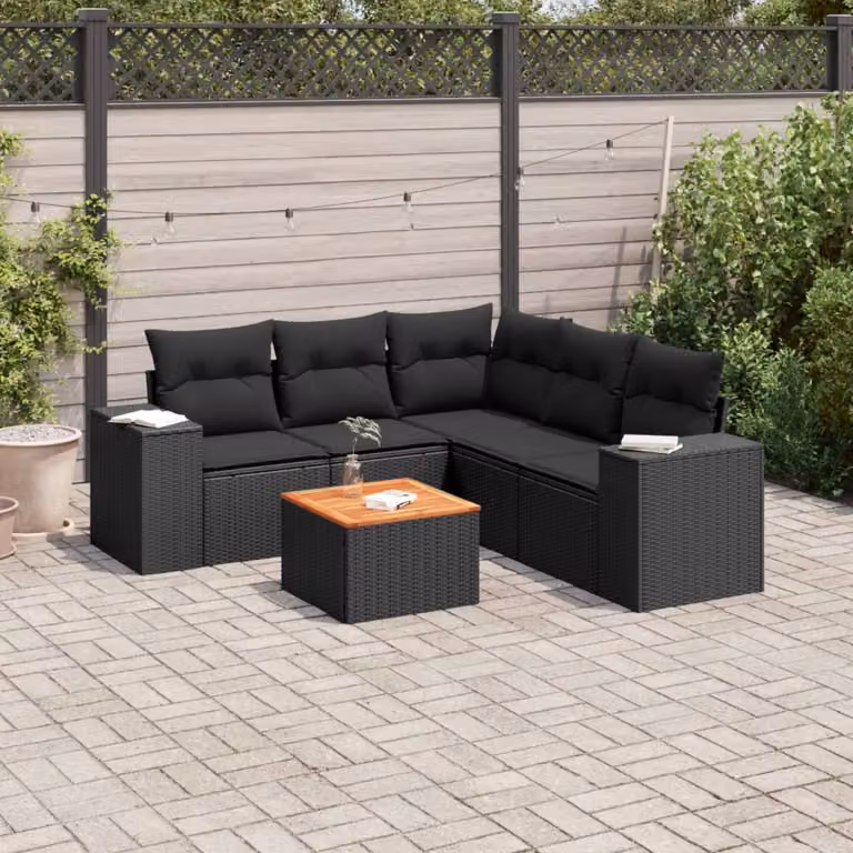 Set Divano da Giardino vidaXL 6 pz in Polyrattan Nero con Cuscini e Tavolino da Esterno a Forma di L