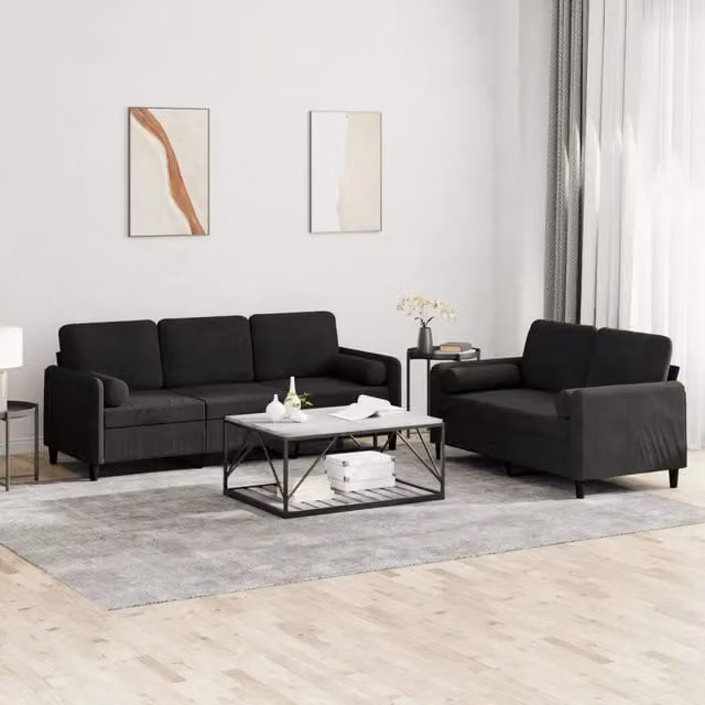 Set di divani vidaXL in velluto nero composto da un divano a 2 posti e un divano a 3 posti con cuscini inclusi per il tuo soggiorno moderno – 1