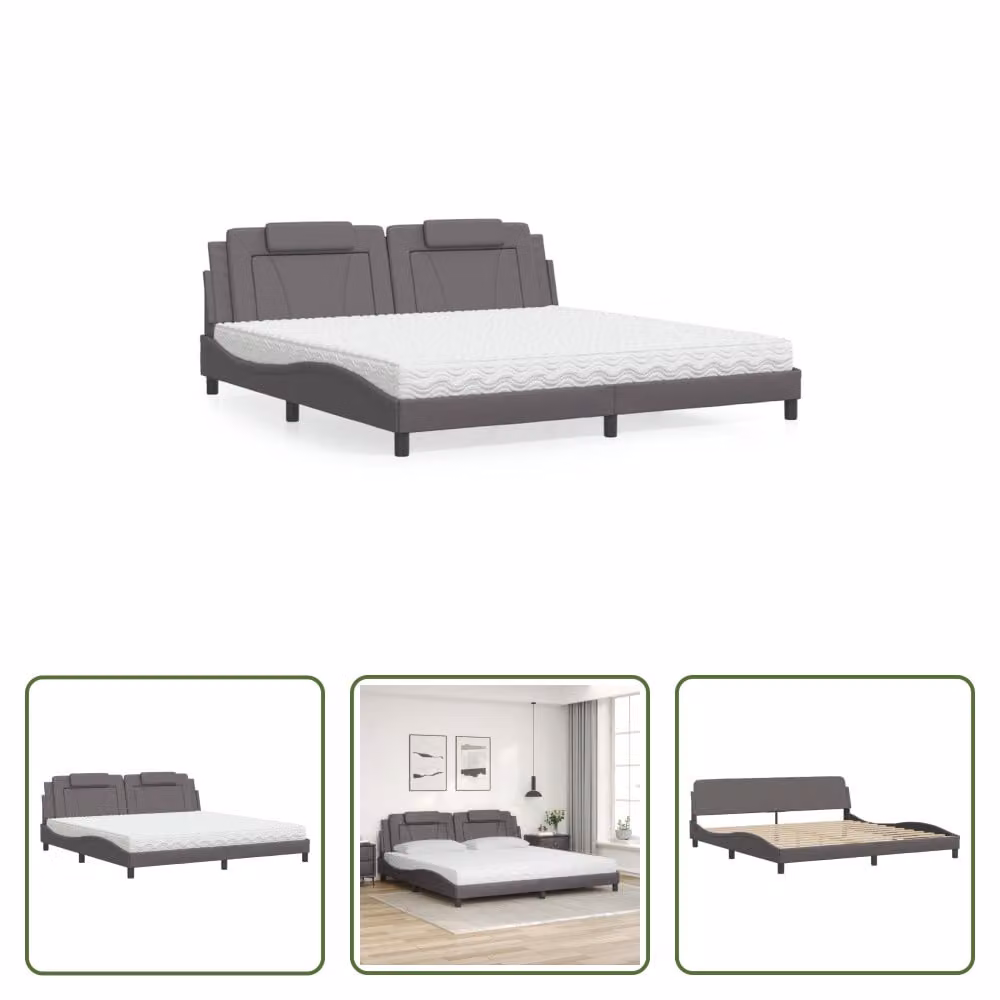 The Living Store Letto con materasso grigio 200x200 cm in ecopelle