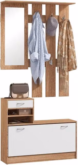 Armadio Minimal con Scarpiera, Specchio e Cassetti Bianco e Noce L/P/H: 90 x 24 x 177 cm