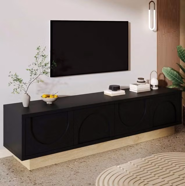 Mobile TV ULEVR 175x40x41,5 cm nero con 4 ante push-to-open, ripiani interni e base effetto legno