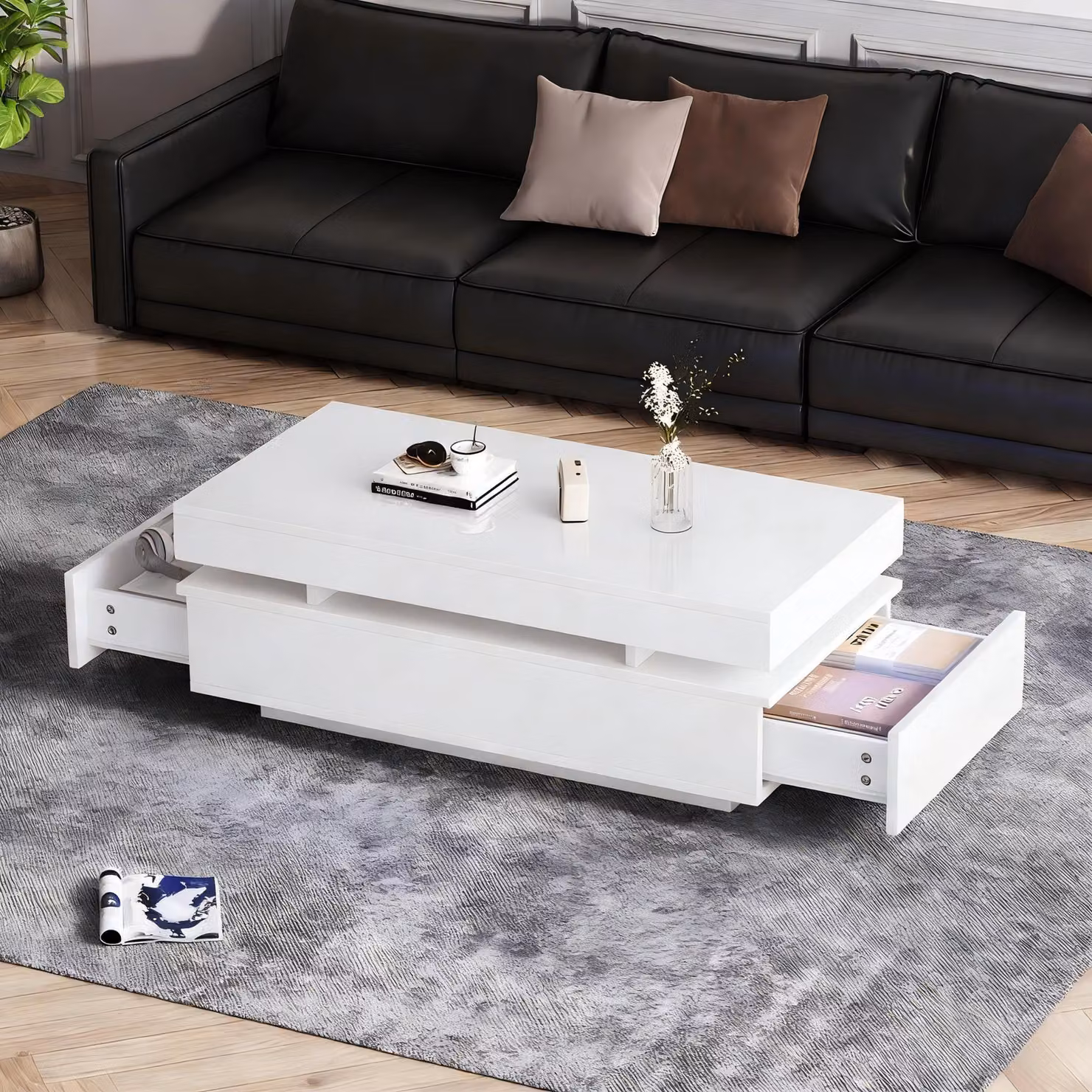 MODFU Tavolo da soggiorno, tavolino da conferenza, mobile contenitore, tavolino laterale. Con 2 cassetti. Illuminazione ambientale a LED. Ideale per il soggiorno. Materiale: truciolato. Colore: bianco. Dimensioni: 100 x 50 x 35 cm