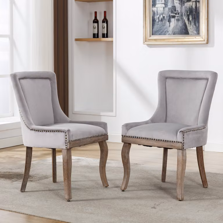okwish Sedie da pranzo 2 pezzi, sedia da cucina, sedia da soggiorno, sedia pouf, sedia multifunzionale con decorazioni in testa di chiodo, gambe in legno massiccio, rivestimento in velluto, beige