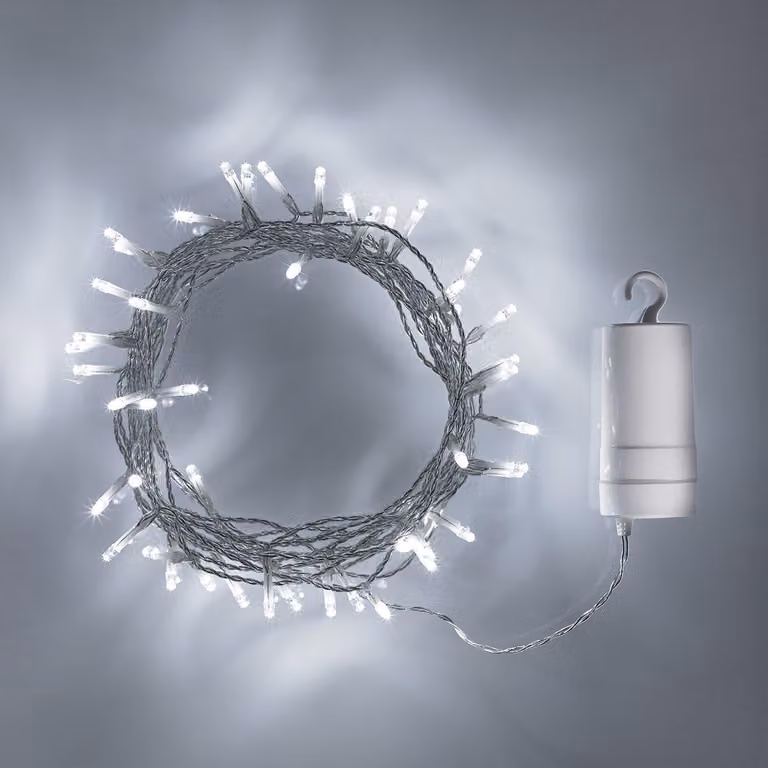 Catena luminosa a LED, 100 LED bianchi freddi, 9,9 metri, alimentazione a batteria