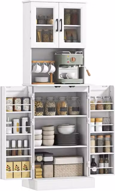 Mobile Credenza da Cucina Buffet Dispensa in MDF Bianco con Ante in Acrilico Ripiano Regolabile Piano d'Appoggio e Foro Passacavi