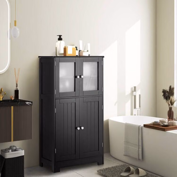 Armadietto multiuso Costway con ante in vetro e mensole regolabili, organizer moderno per bagno, salone o corridoio, Nero opaco