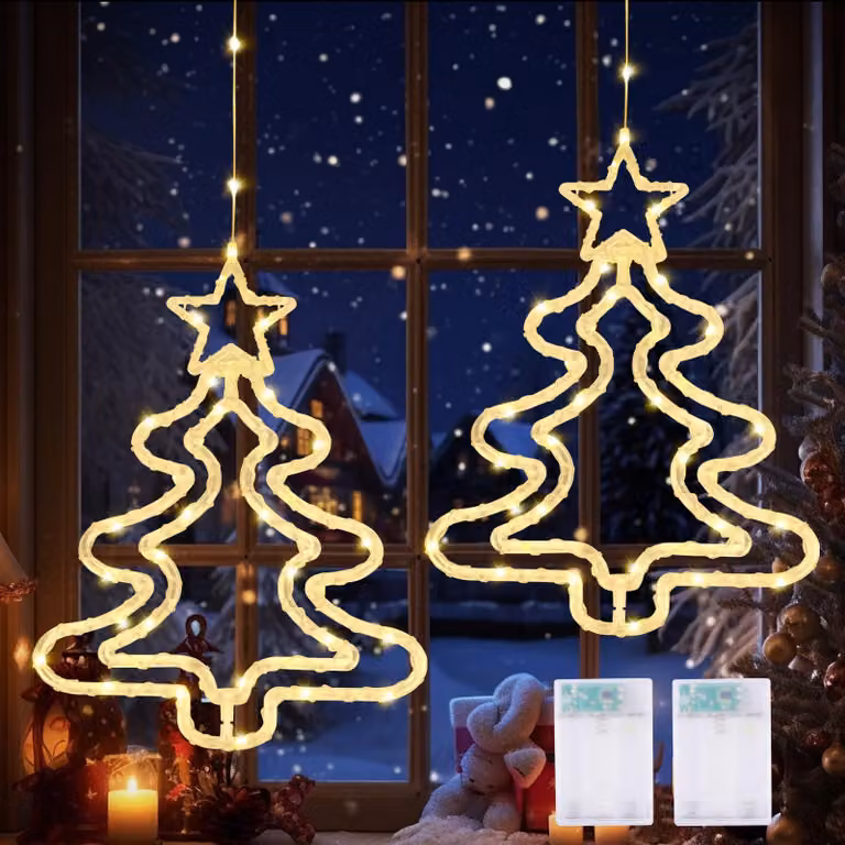 Decorazioni natalizie a LED per finestre, a forma di albero di Natale/campanelle, set da 2, luce bianco caldo, alimentate a batteria