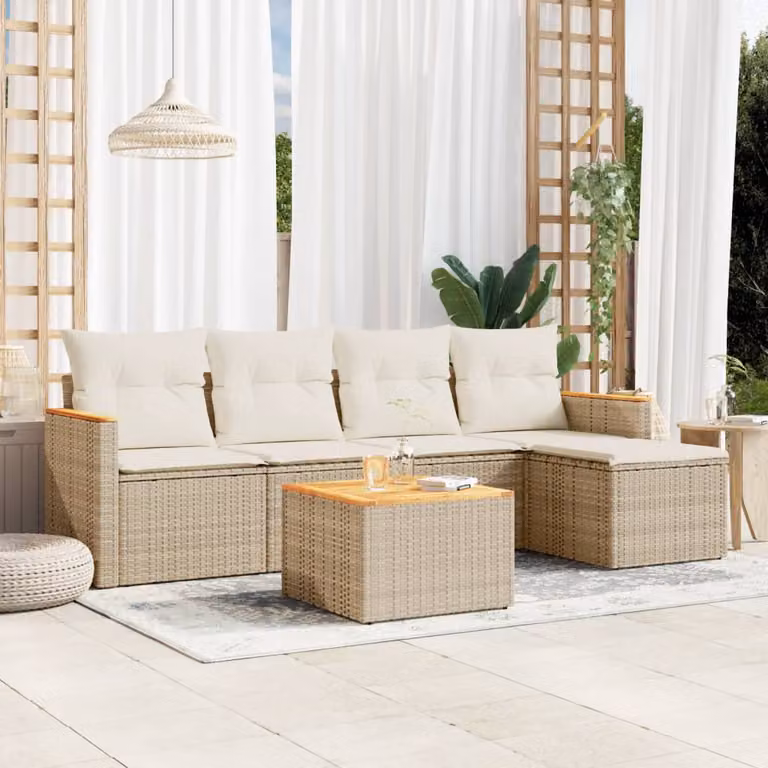 vidaXL Set Divano da Giardino a L composto da 6 pezzi con Cuscini Beige e Tavolino, Struttura in Metallo e Polyrattan per Terrazza e Giardino