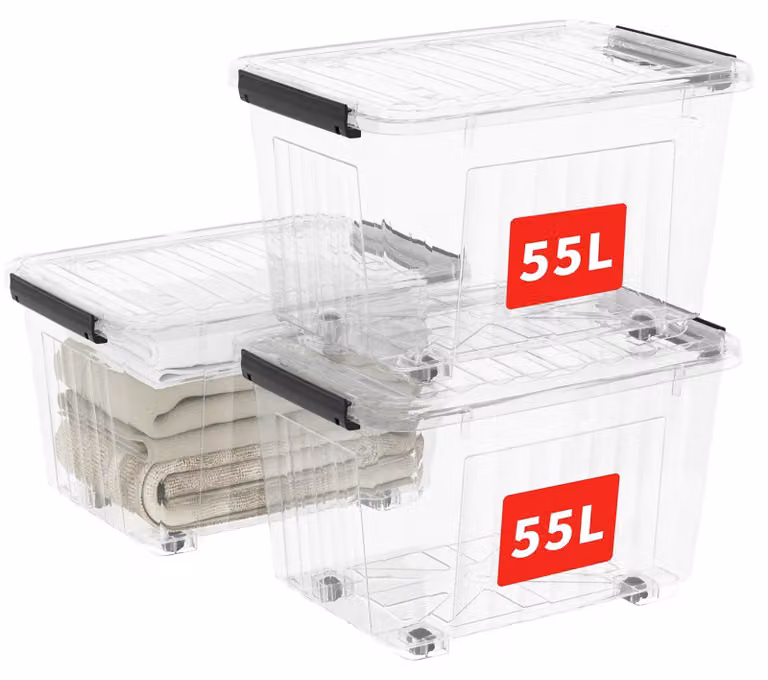 Cetomo, 3 contenitori di stoccaggio da 55L*, contenitori in plastica rinforzati con scanalature, dotati di ruote e coperchi, contenitori impilabili, ideali per l'organizzazione in casa e in ufficio, in PP trasparente, confezione da 3