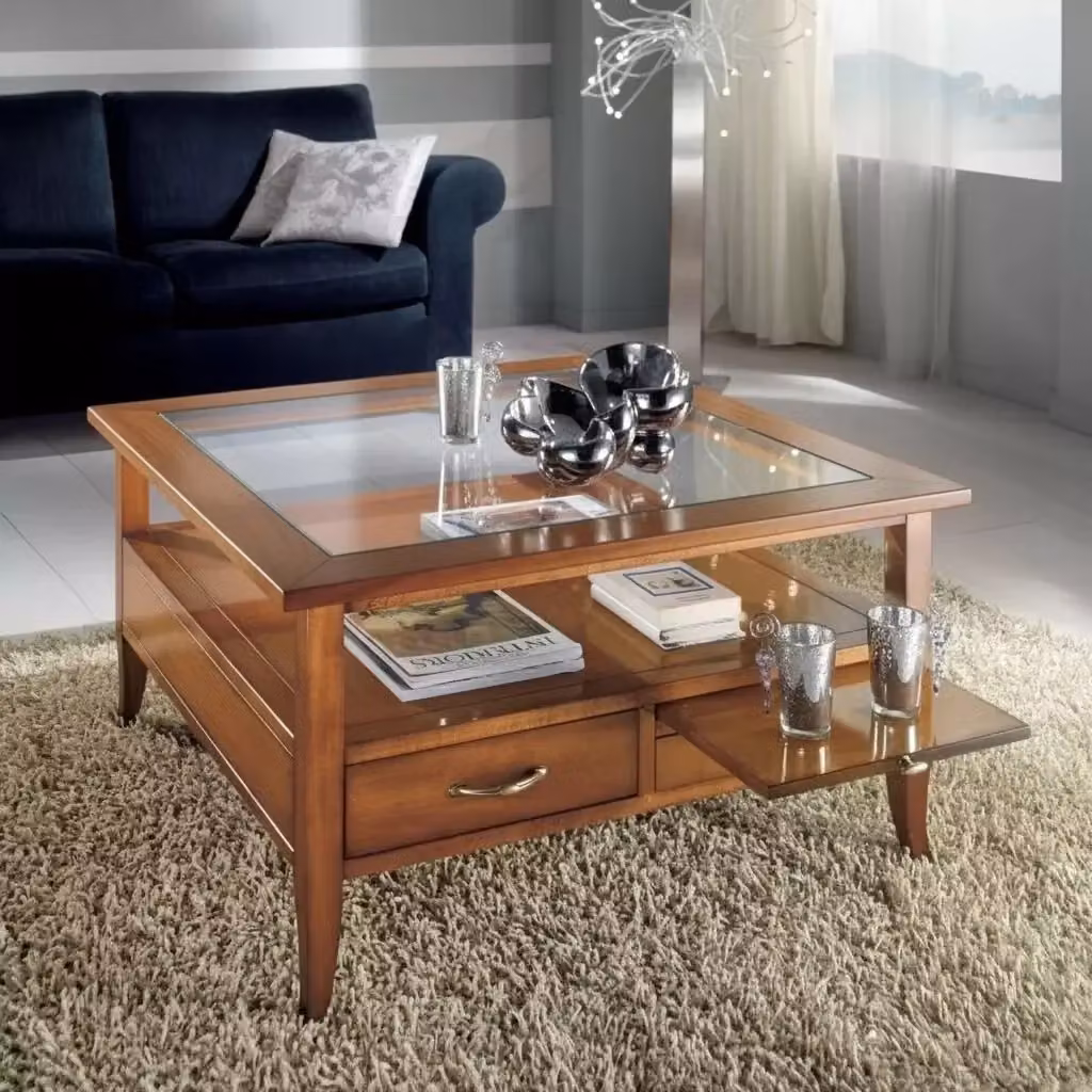 Tavolino quadrato classico Mobili 2G in legno e vetro color marrone L: 90 cm, P: 90 cm, H: 48 cm – 2