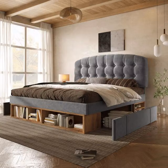 Letto per bambini 90x200 cm in velluto grigio con testiera regolabile; cassetti e vani portaoggetti