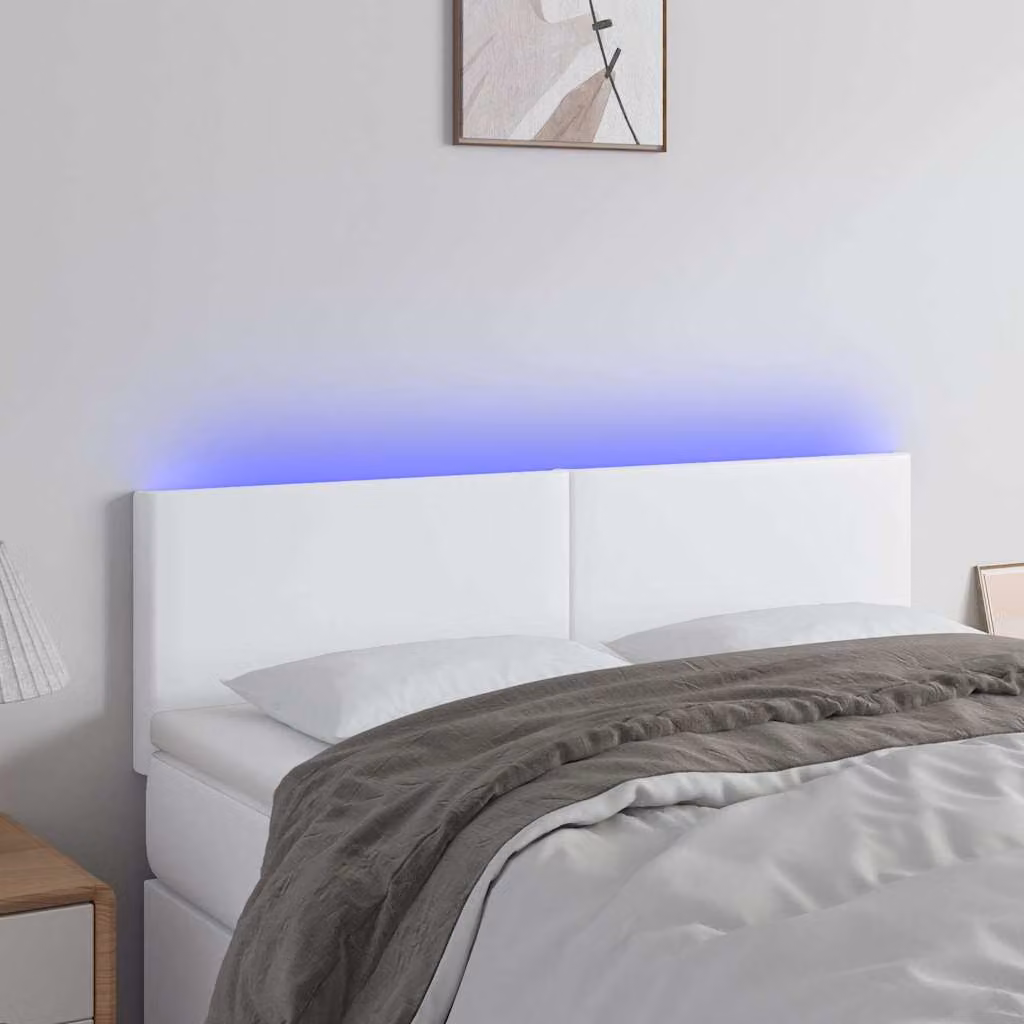Testiera per letto vidaXL in similpelle bianca con illuminazione LED e porta di ricarica USB, L: 144 cm, P: 5 cm, H: 78-88 cm