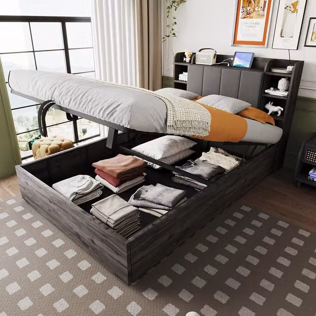 Letto-Xylo-140x200 cm-idraulico, USB-C, testiera con ripiano, grigio