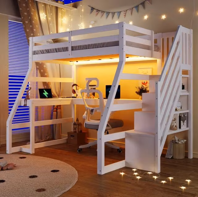 Letto a soppalco 90x200 cm con scrivania, LED e scala contenitore bianco HAVRYA