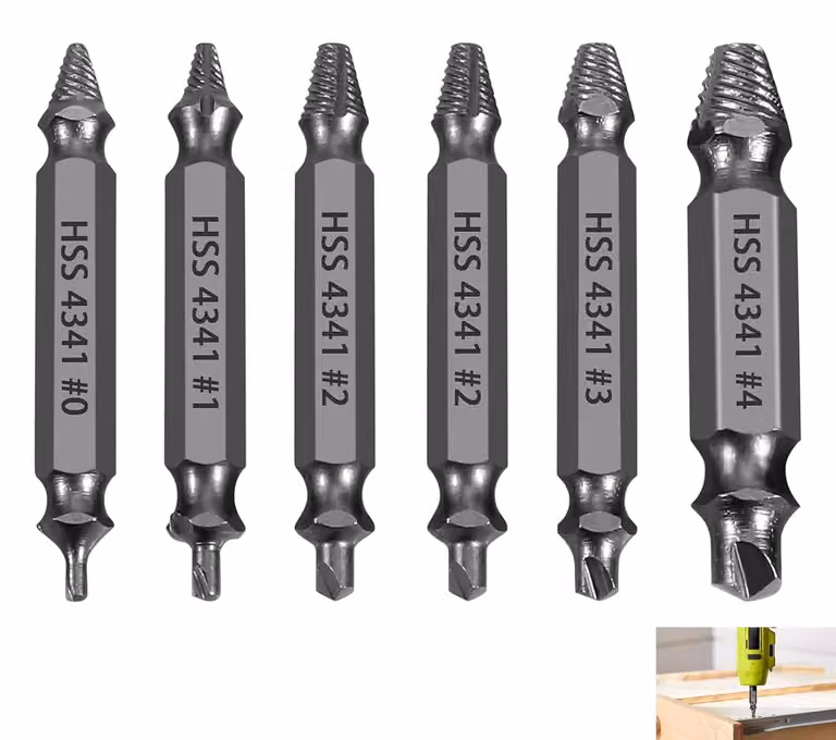 Set di estrattori per viti, composto da 6 pezzi, in acciaio HSS 4341, con punte 2-in-1, da 2 a 14 mm, per viti danneggiate