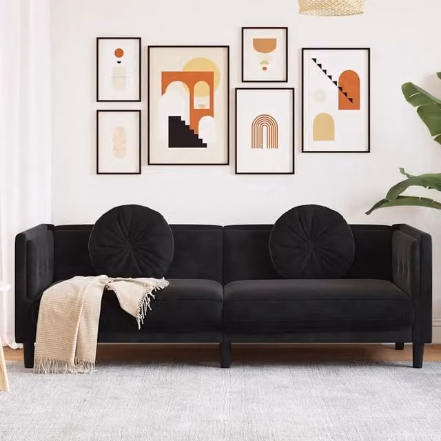 Divano a 3 posti moderno vidaXL in velluto nero con cuscini, L: 193.5 cm, P: 77 cm, H: 70 cm – 1