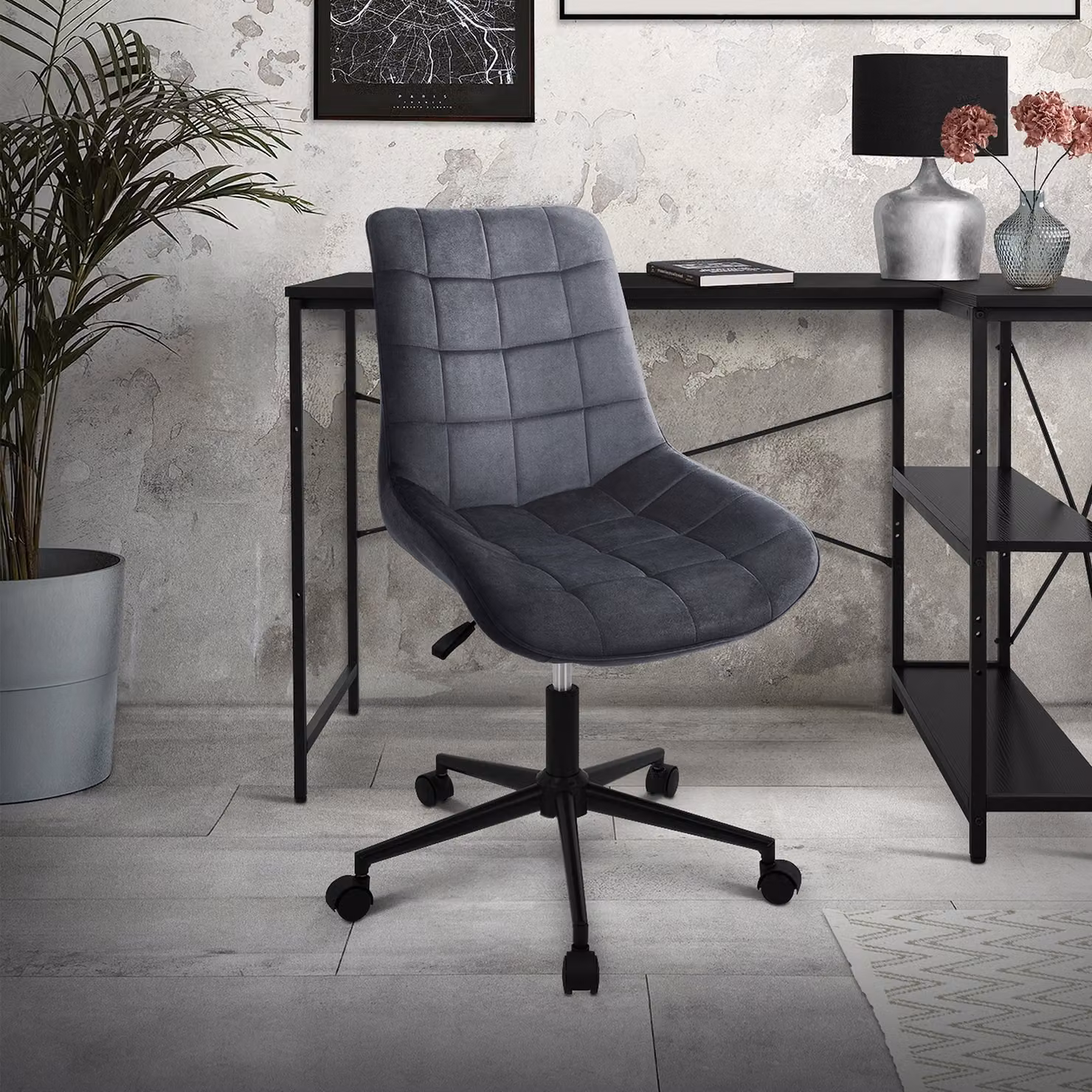 Sedia da ufficio ML-Design in velluto grigio con struttura in metallo; sedia imbottita con schienale regolabile in altezza e rotazione a 360°, ergonomica, ideale per l'home office o l'ufficio