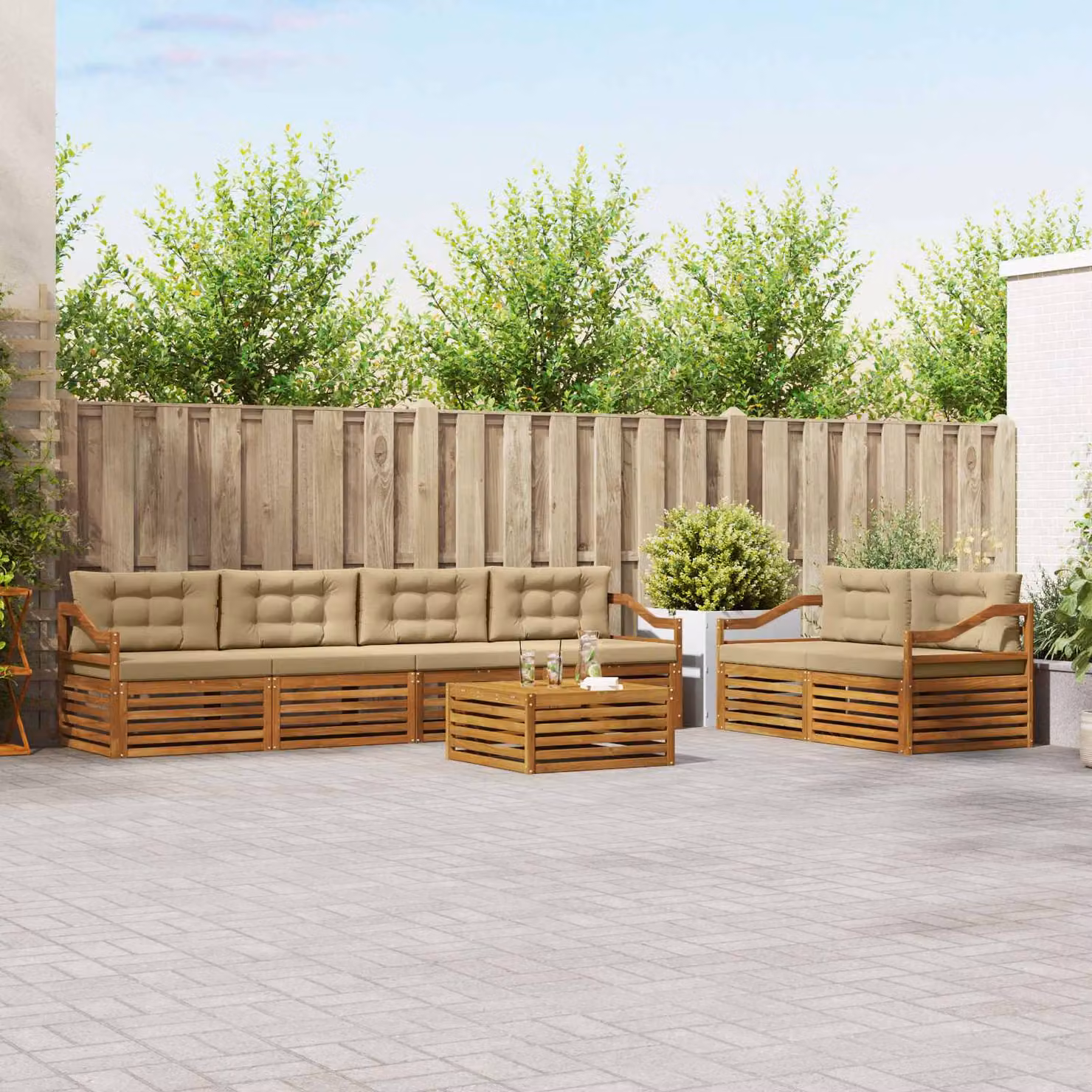 Set di divani da esterno vidaXL in legno di acacia con tavolo da caffè, 7 pezzi, Beige e Marrone