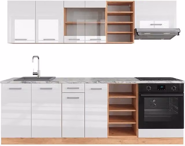 Cucina componibile moderna Vicco R-Line Bianco lucido e Rovere dorato L: 240 cm – 1