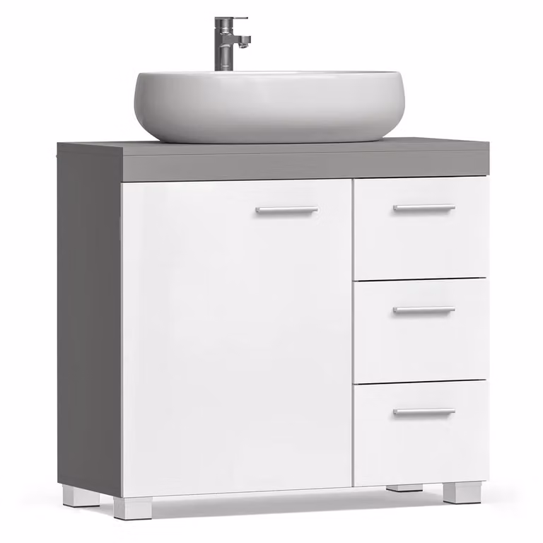 Mobile Sottolavabo per Bagno Bianco e Grigio, Bianco + Grigio Cemento