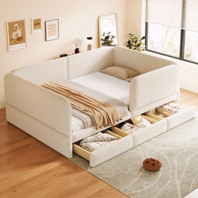 Letto bambino 140x200 cm in velluto beige con contenitore, salvaspazio, senza materasso –