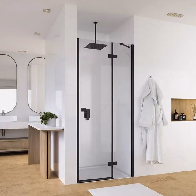 Porta doccia 70cm apertura a battente lato destro con cerniere, profili nero opaco e vetro da 8mm trasparente h195 | Fiji